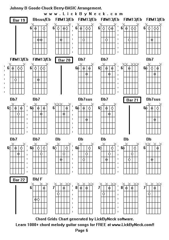 Chord Grids Chart of chord melody fingerstyle guitar song-Johnny B Goode-Chuck Berry-BASIC Arrangement,generated by LickByNeck software.